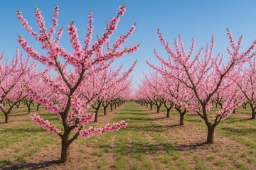 Springtime orchard featuring blooming peach and nectarine trees with vibrant pink blossoms