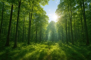 Bright morning scene amidst lush green woods