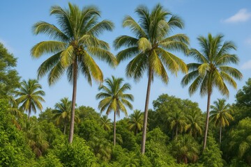 Obraz premium Tall palm trees dominate the landscape amidst lush greenery