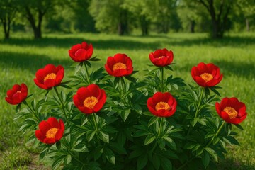 Obraz premium Vibrant Peony Blossoms in Lush Green Settings