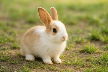 Adorable white and brown rabbit resting on the ground