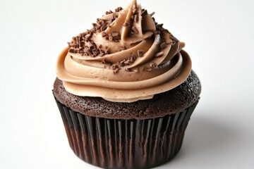 A chocolate cupcake with chocolate frosting and chocolate sprinkles