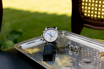 reloj, tiempo, cronometrar, hora, muñeca, reloj de pulsera, metal, objeto, plata, de lujo, negro,...