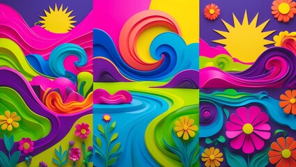 Obraz premium Vibrant abstract landscape with swirling waves and flowers in bold colors