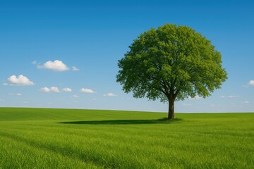 A solitary tree standing amidst lush green meadows under a clear blue sky