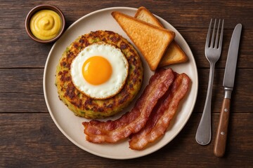 A hearty breakfast plate featuring saut&acirc;&circ;&scaron;&Acirc;&copy;ed cabbage and mashed potatoes topped with a sunny-side-up egg, accompanied by toast, crispy bacon, and mustard on a rustic wooden surface.