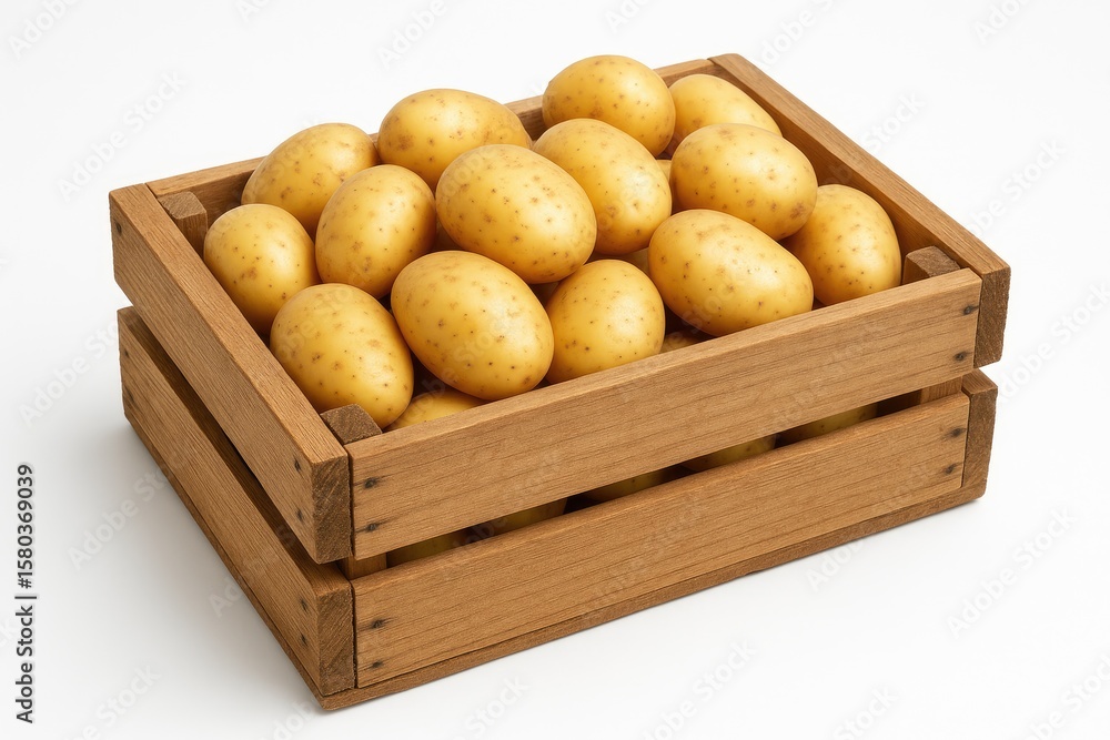 Poster fresh new potatoes stored in a rustic wooden crate on a white background