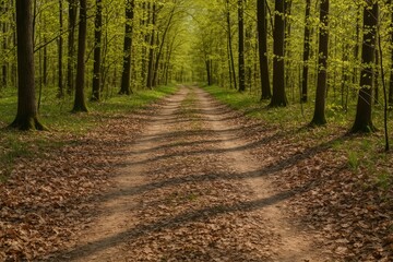 Springtime woodland road with fresh foliage and fallen leaves on a sunny day