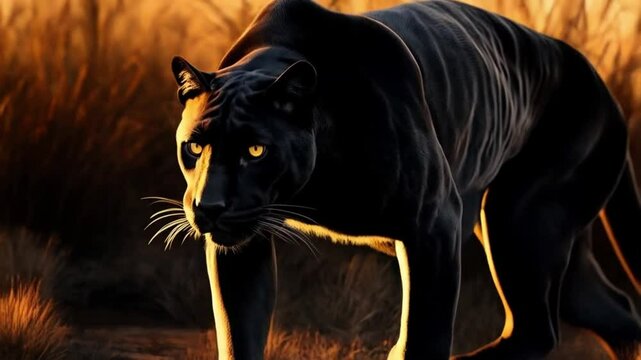 A striking black panther prowls through tall grass with intense golden eyes at sunset or sunrise animal video