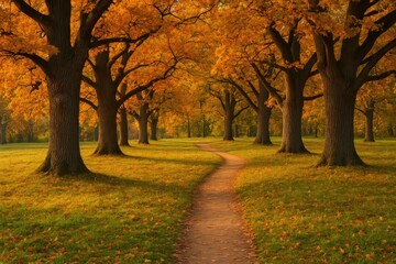 Scenic autumn scene featuring ancient oaks and a walking trail in a park