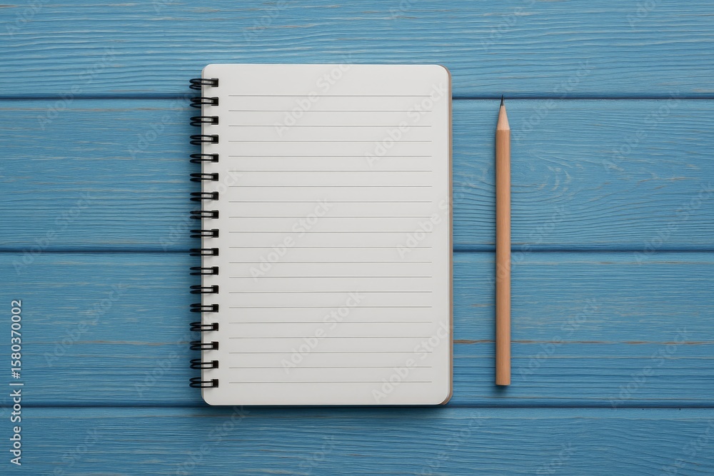 Poster notebook placed on a blue wooden surface for writing and background setting