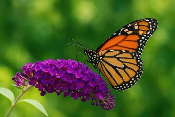 Butterfly feeding on vibrant purple blooms of a flowering shrub