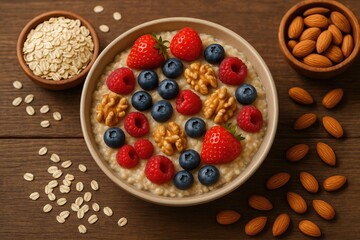 Healthy breakfast with mixed berries, nuts, and oatmeal served on a wooden surface