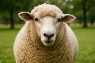 Obraz premium A stern-looking large sheep with dense fleece standing in a park setting outdoors