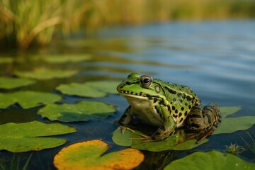 Coastal lake habitat featuring a Levantine water frog amidst lush green foliage