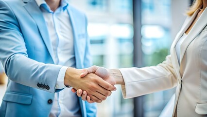 Photo of two business professionals shake hands in a modern office