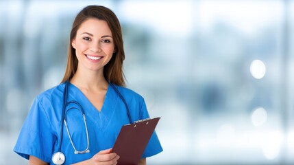 Friendly nurse with clipboard, professional uniform, bright soft