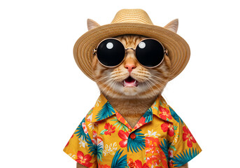Isolated Cat Tourist In Straw Hat and Sunglasses on Transparent Background