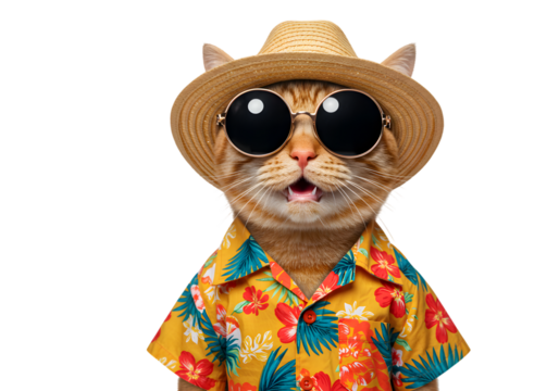 Isolated Cat Tourist In Straw Hat and Sunglasses on Transparent Background