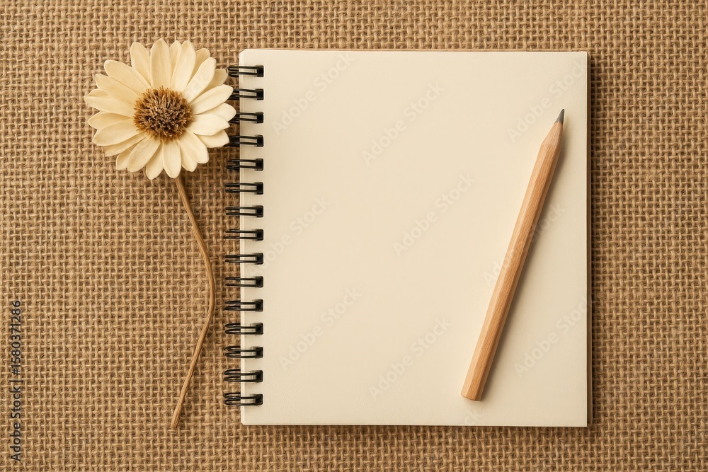 Aufkleber sketch of a pencil resting on a notebook with a dried flower laid on a rustic burlap surface