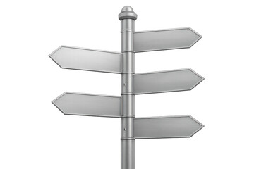 Metal sign post displaying four blank directional arrows against transparent background, ready for personalized messaging