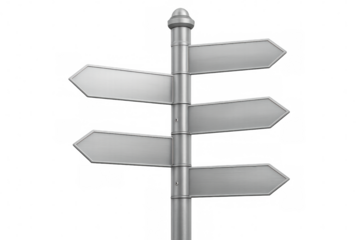 Metal sign post displaying four blank directional arrows against transparent background, ready for personalized messaging