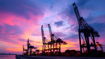 Fototapeta premium Cargo Crane at Container Port with Vibrant Sunset