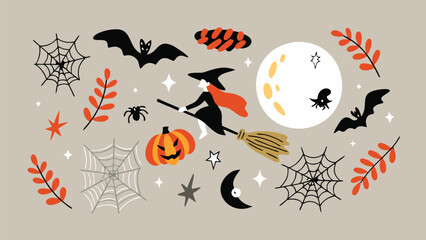 Halloween themed illustration featuring a witch flying on a broom with bats and spider webs