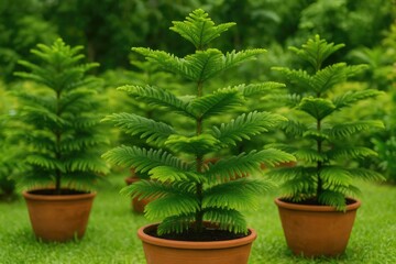 Container planting of Norfolk Island Pine in the garden