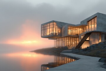 Fototapeta premium Modern architecture at sunset with ocean mist