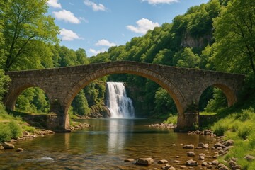 Fototapeta premium Ancient structure spanning a stream beside a cascading waterfall