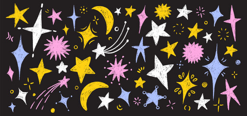 Naklejka premium Hand-drawn crayon stars and pastel doodles - childish chalk texture elements for school projects, stickers, or kid s illustrations.