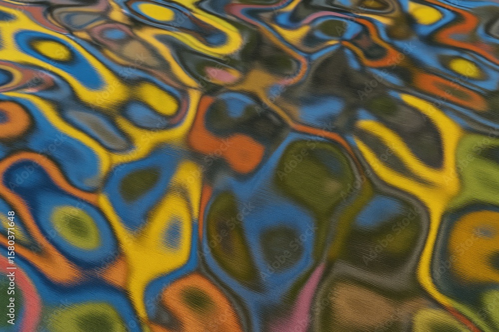 Poster vibrant abstract shapes and flowing lines mirrored on a curved metal surface with constantly shiftin