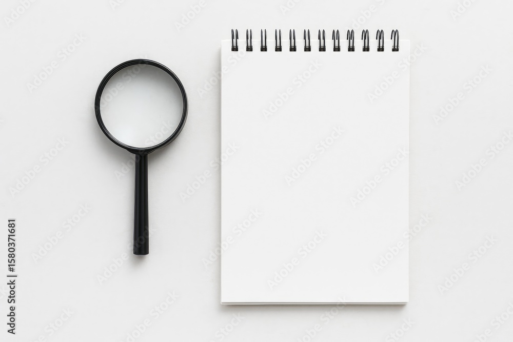 Poster magnifying glass over an empty notebook on a white background, with space for text
