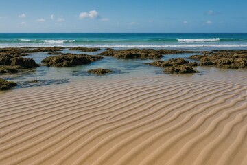 Shallow waters revealing textured sand and underwater formations on a rugged shoreline