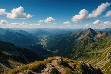 Wide-angle landscape from mountain summit