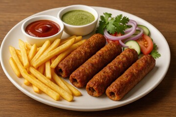 Savory grilled kebabs served with crispy fries, ketchup, and fresh salad, featuring flavorful chicken or beef, Asian cuisine, non-vegetarian delicacy