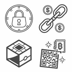 Set of four icons representing cryptocurrency and digital security concepts