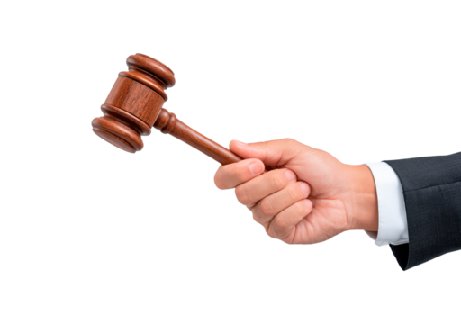 Legal concept: hand holding wooden gavel for justice and decision making on transparent background, PNG