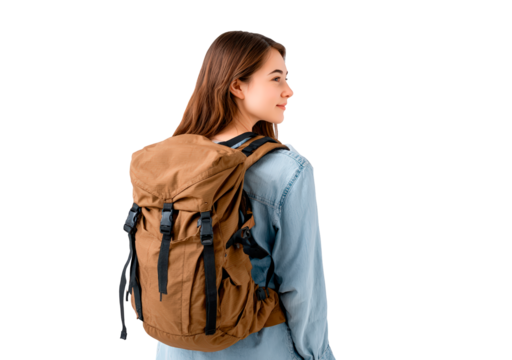 Young woman with backpack ready for adventure and exploration on transparent background, PNG
