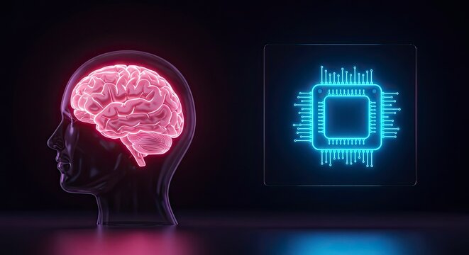 Neon Brain and Microchip: Artificial Intelligence Concept, Glowing Pink and Blue