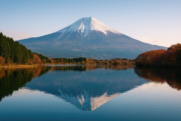Scenic panoramic vista of a tranquil lake with majestic mountain in the background