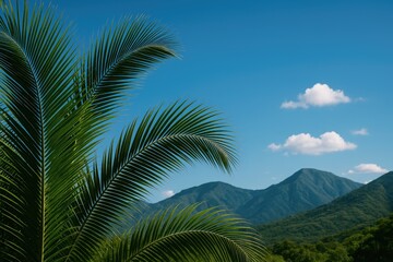 Naklejka premium Tropical foliage with a vibrant blue sky and mountain backdrop