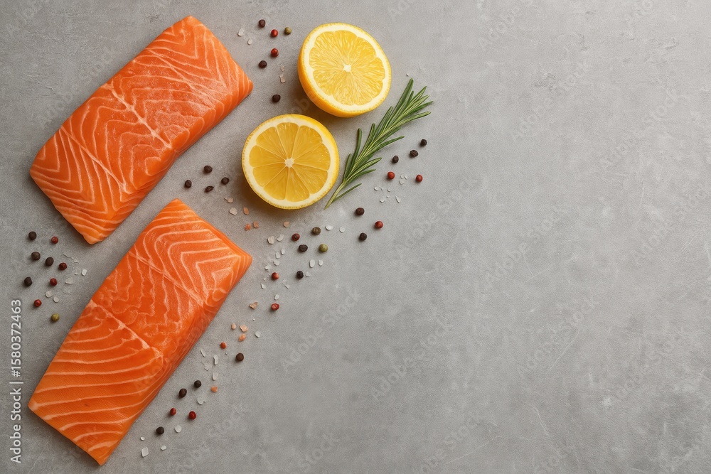Aufkleber fresh salmon fillets with lemon slices and seasonings arranged on a grey surface, top view with spac