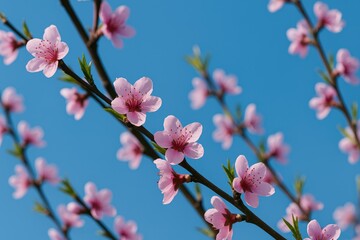 Obraz premium Detailed shot of a blossoming fruit tree branch against a clear blue sky during spring, with focus on the flowers and a blurred background.