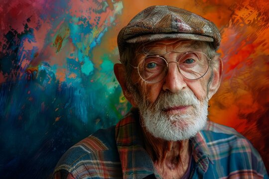 Portrait of an elderly artist posing in his studio with his artwork in the background