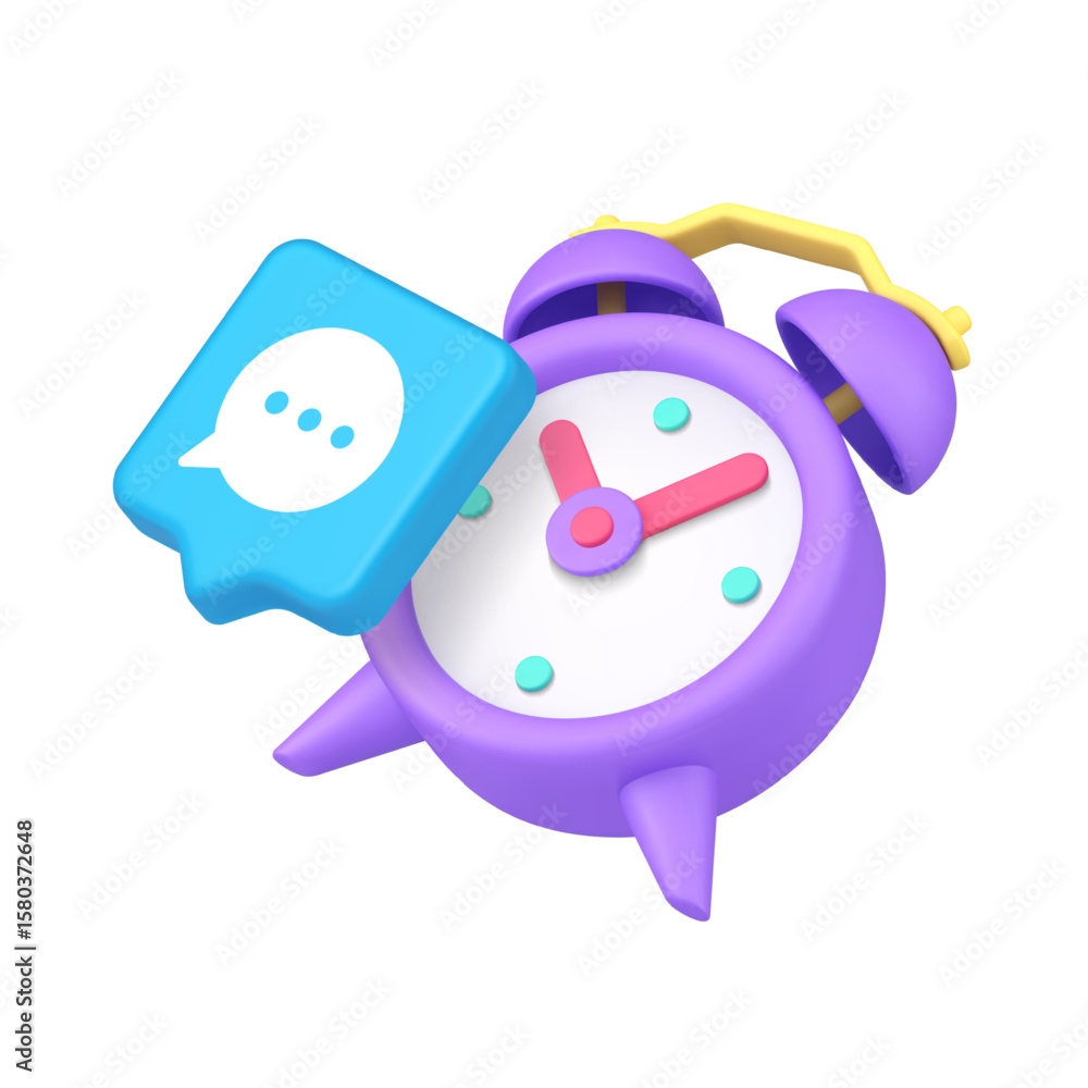 Poster bright blue message icon with a speech bubble overlapping a purple alarm clock emphasizes punctual d