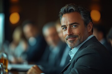 Fototapeta premium Happy businessman sitting in a boardroom meeting with his team, engaging in productive discussions and sharing ideas for company growth, Generative AI