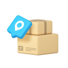 Two cardboard boxes with a blue tracking pin symbolize modern delivery services and logistics. Suitable for digital business, shipping, and e-commerce purposes. 3d icon realistic vector illustration
