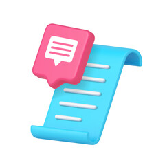 Blue paper scroll and a speech bubble symbolizes planning, conversation, and organization for communication tools and apps. Suitable for digital business purposes. Isolated 3d icon vector illustration